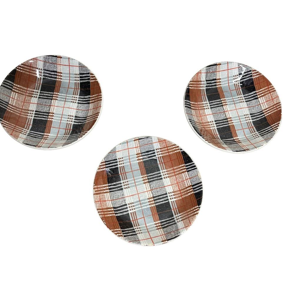 Over&Back Italy Bowls 3 Pieces Black White Brown Plaid Serving Kitchenware 8.25"